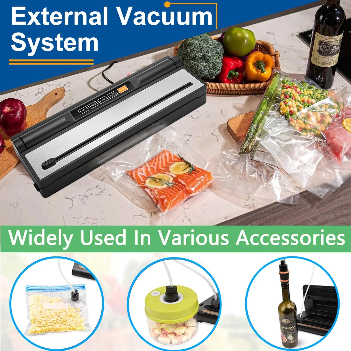 Food Vacuum Sealer Machine, Auto&Manual Food Sealer with 2 Rolls Food Vacuum Sealer Bags for Food Preservation, Food Storage Saver Dry & Moist Food Modes, Built-In Cutter, LED Indicato
