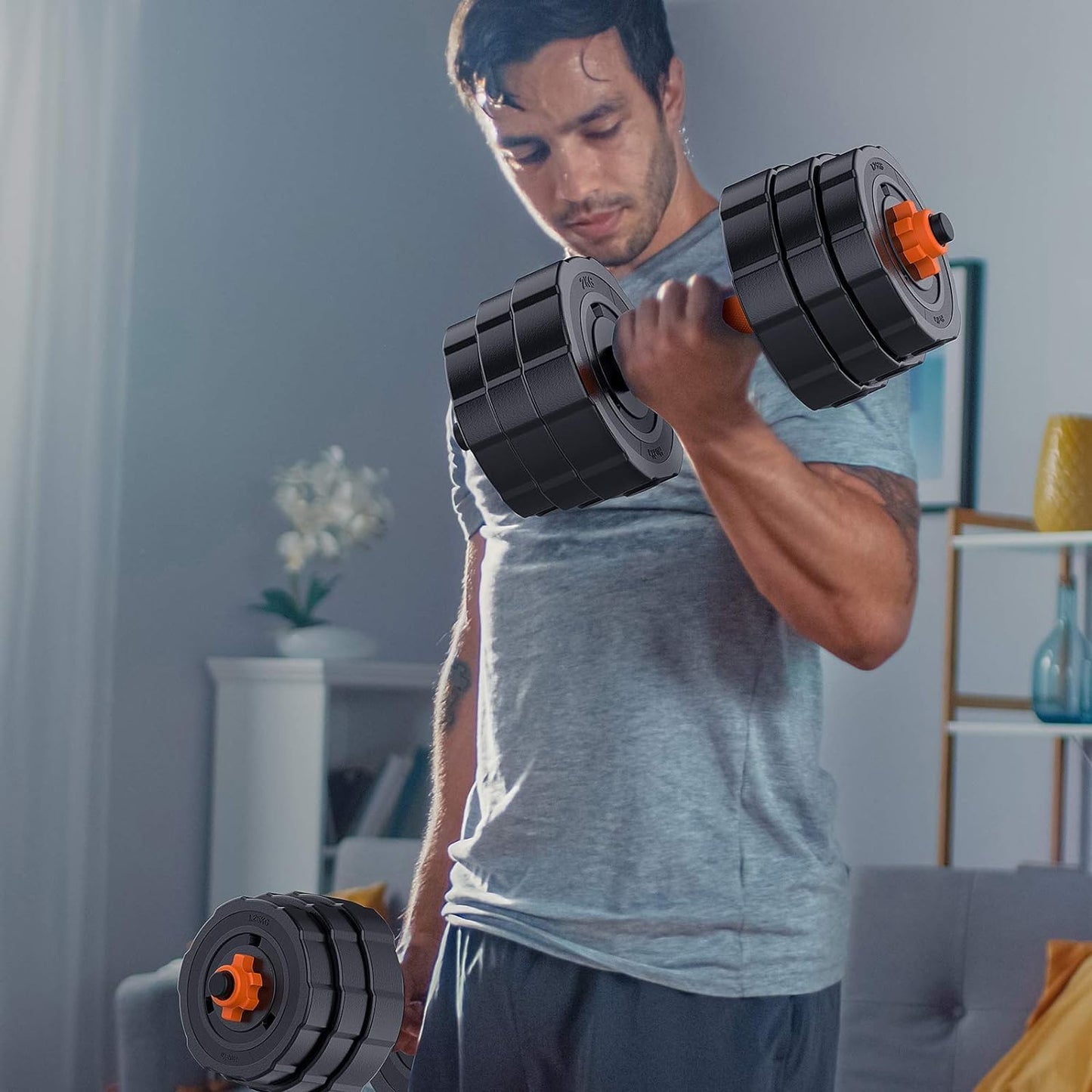 Adjustable Dumbbell and Barbell Weight Set with Non-Slip Neoprene Handles and Connecting Rod for Home Fitness Training