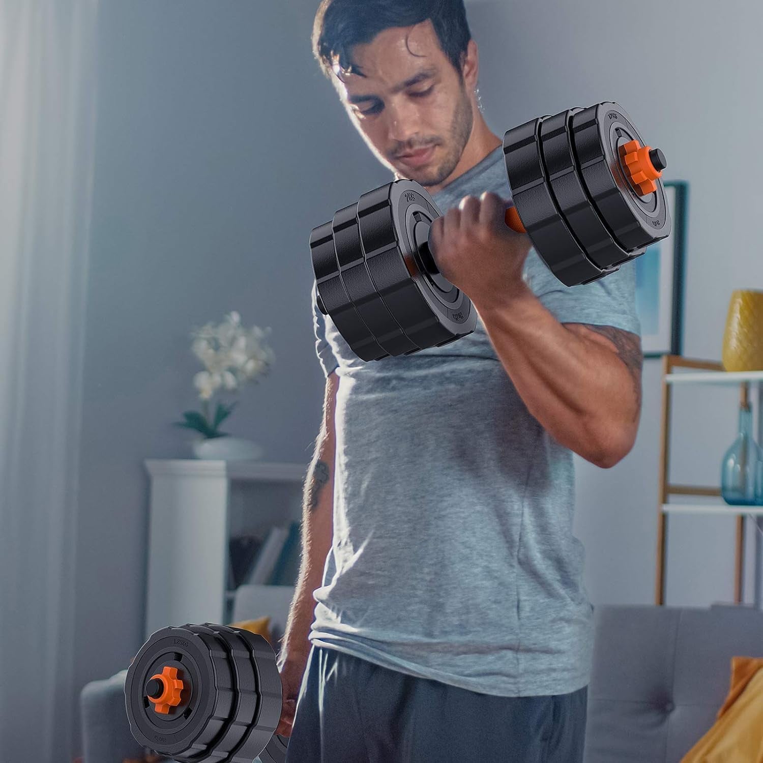 Adjustable Dumbbell and Barbell Weight Set with Non-Slip Neoprene Handles and Connecting Rod for Home Fitness Training