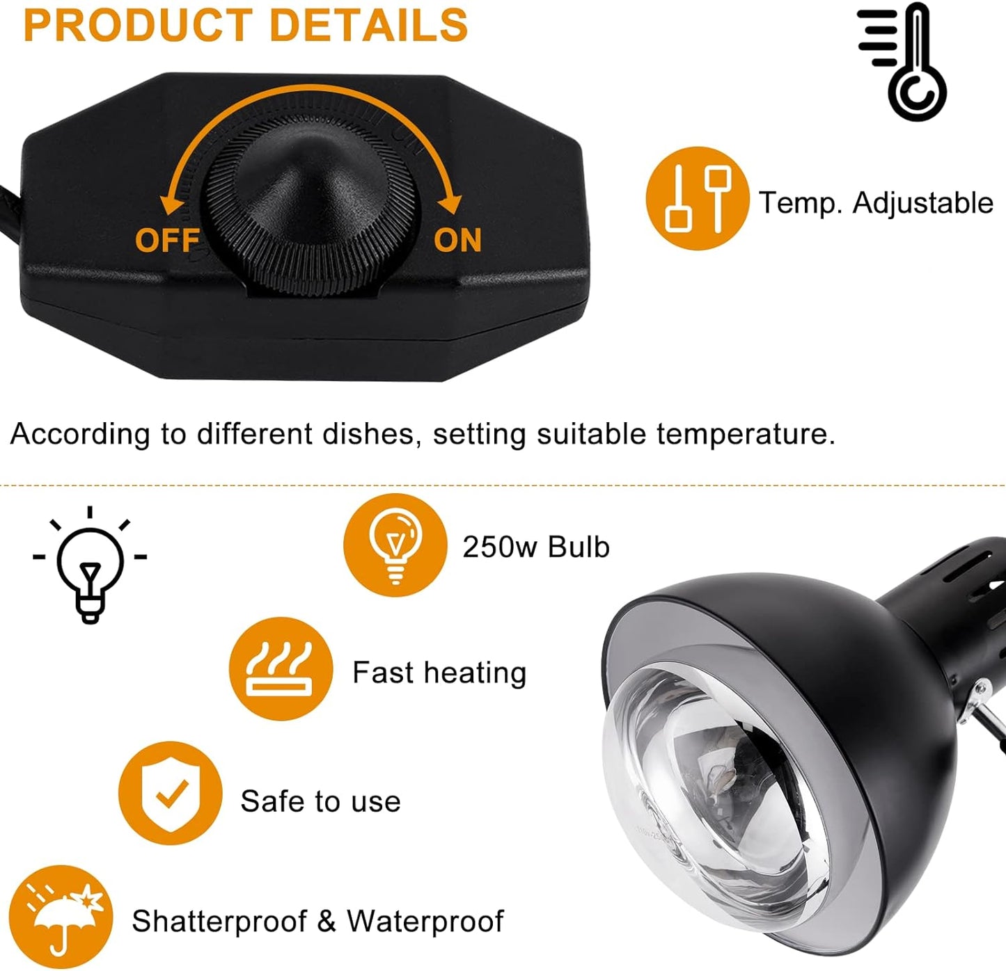 Food Heat Lamp Temp. Adjustable with 250W Bulb for Food Home Kitchen Food Heatin