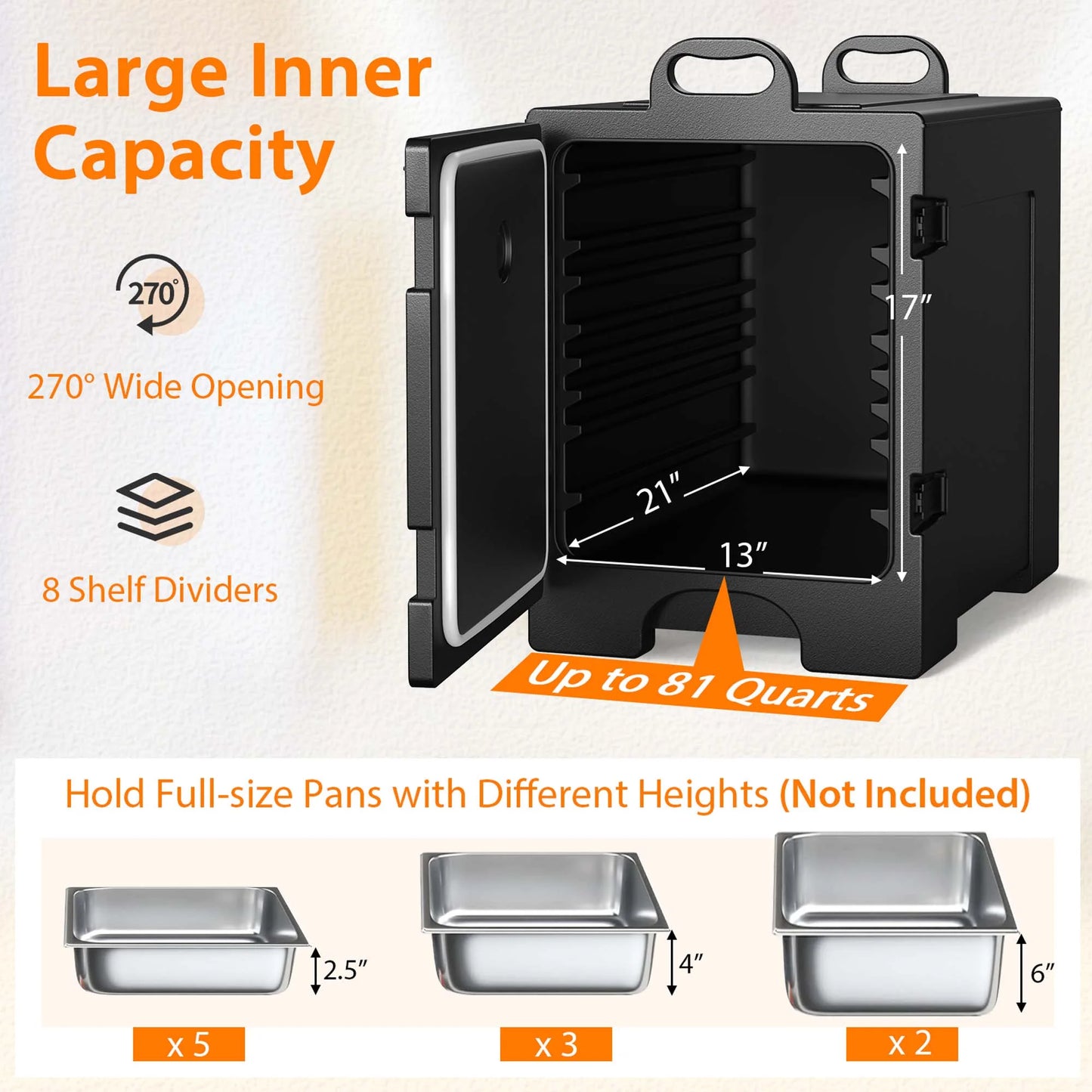 81QT End-Loading Food Warmer Insulated Food Pan Carrier 5 Food Pan Capacity