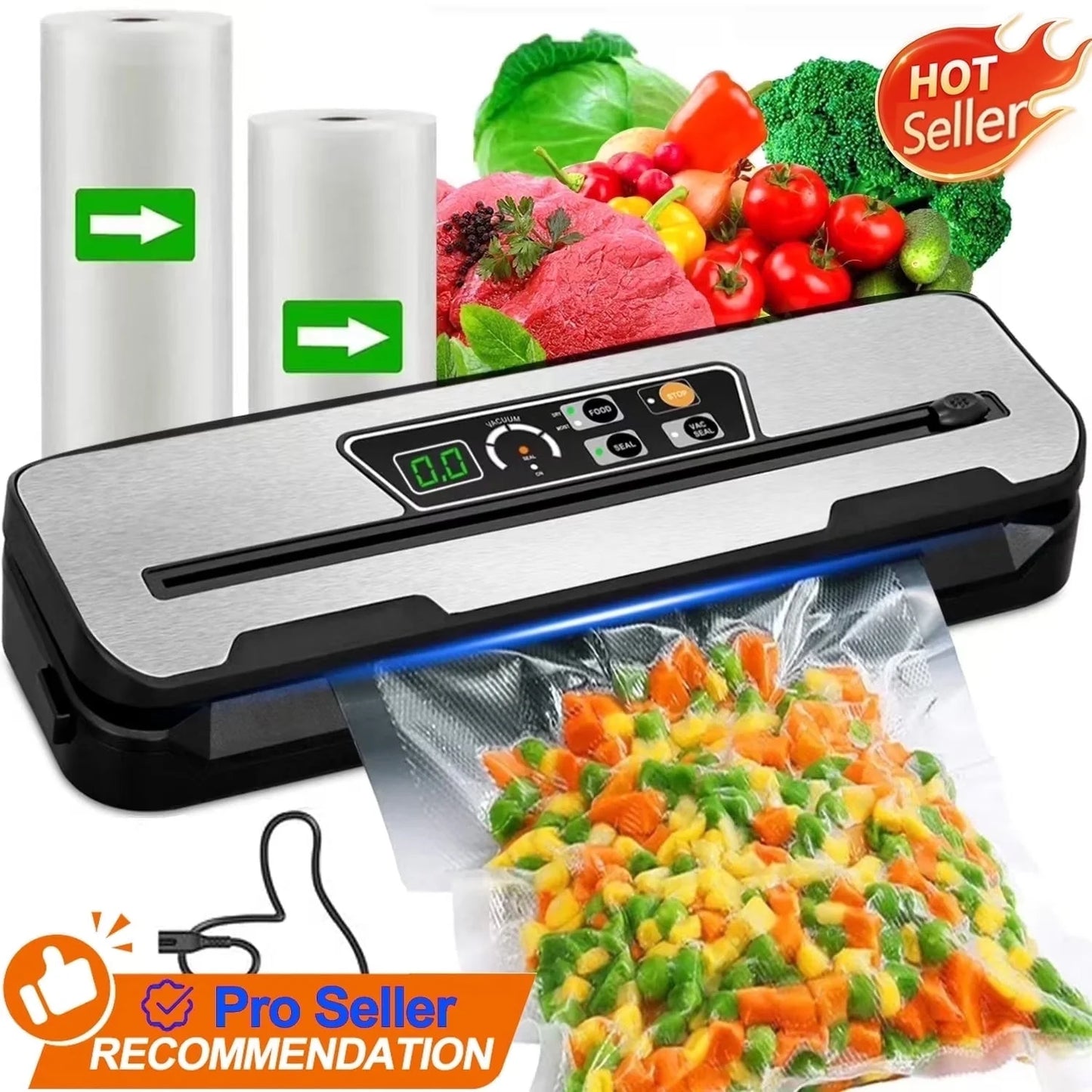 Food Vacuum Sealer Machine with 2 Rolls Food Vacuum Sealer Bags, Food Storage Saver Dry & Moist Food Modes, Led Indicator Lights, Easy to Clean