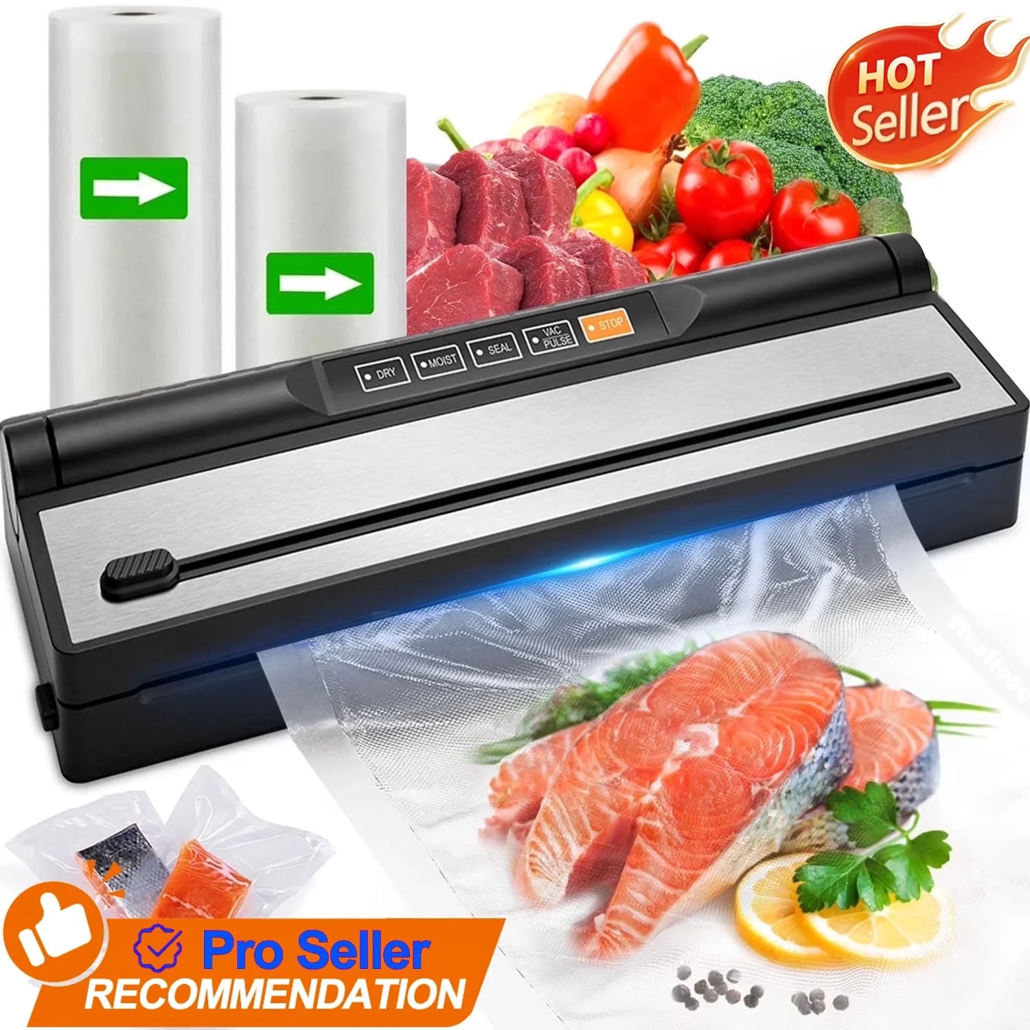 Food Vacuum Sealer Machine, Auto&Manual Food Sealer with 2 Rolls Food Vacuum Sealer Bags for Food Preservation, Food Storage Saver Dry & Moist Food Modes, Built-In Cutter, LED Indicato