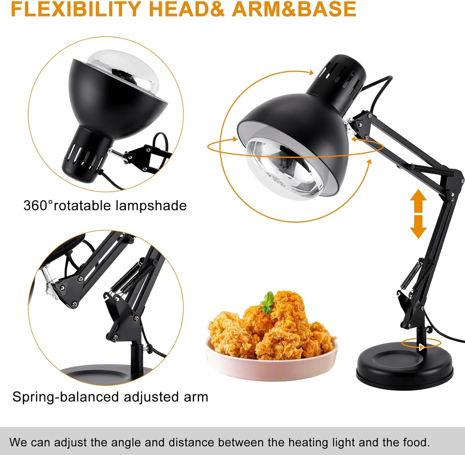 Food Heat Lamp Temp. Adjustable with 250W Bulb for Food Home Kitchen Food Heatin