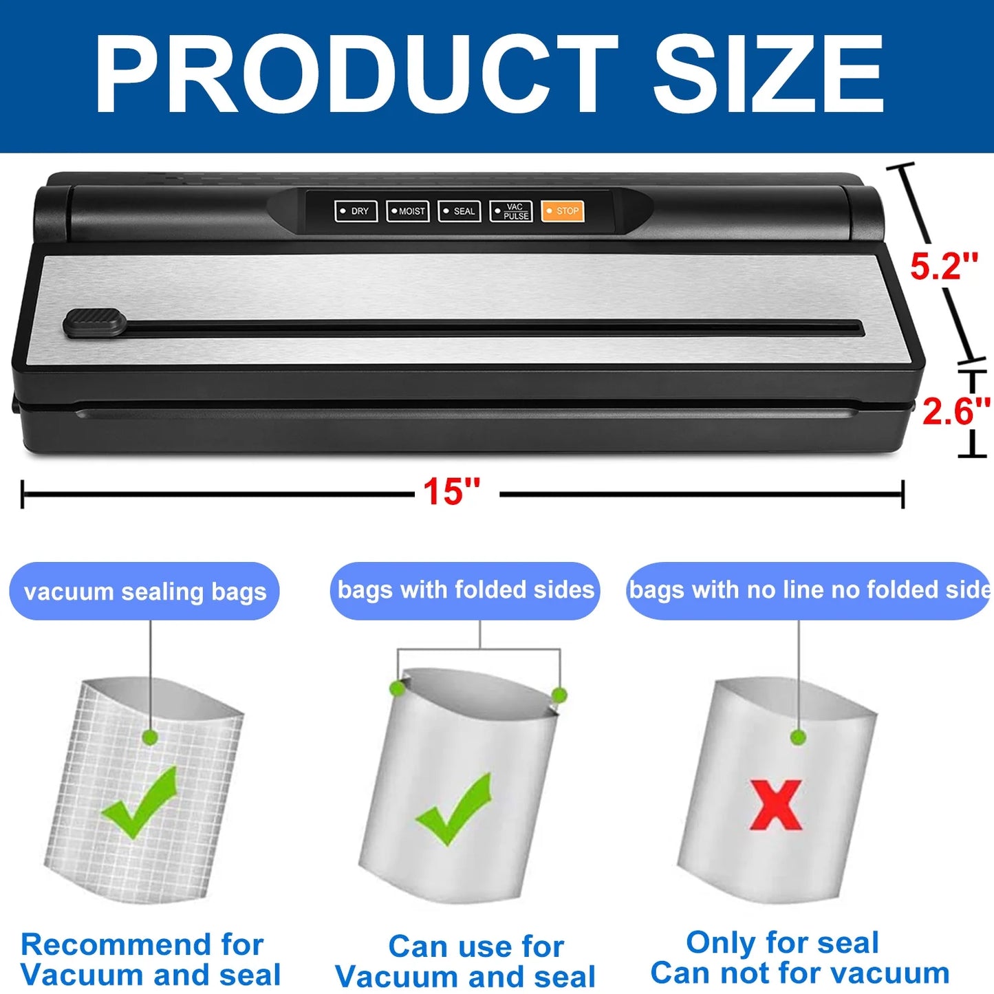 Food Vacuum Sealer Machine, Auto&Manual Food Sealer with 2 Rolls Food Vacuum Sealer Bags for Food Preservation, Food Storage Saver Dry & Moist Food Modes, Built-In Cutter, LED Indicato