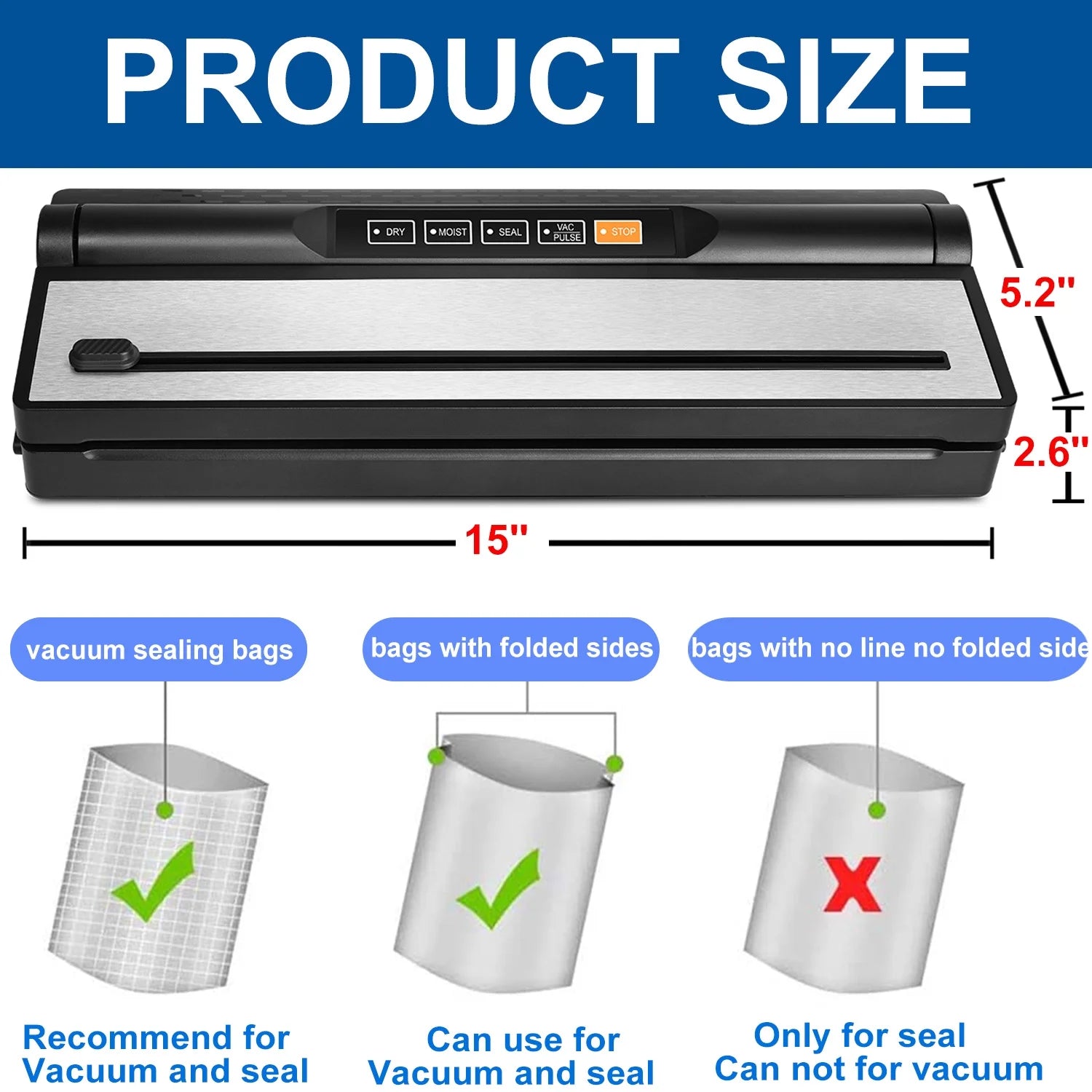 Food Vacuum Sealer Machine, Auto&Manual Food Sealer with 2 Rolls Food Vacuum Sealer Bags for Food Preservation, Food Storage Saver Dry & Moist Food Modes, Built-In Cutter, LED Indicato