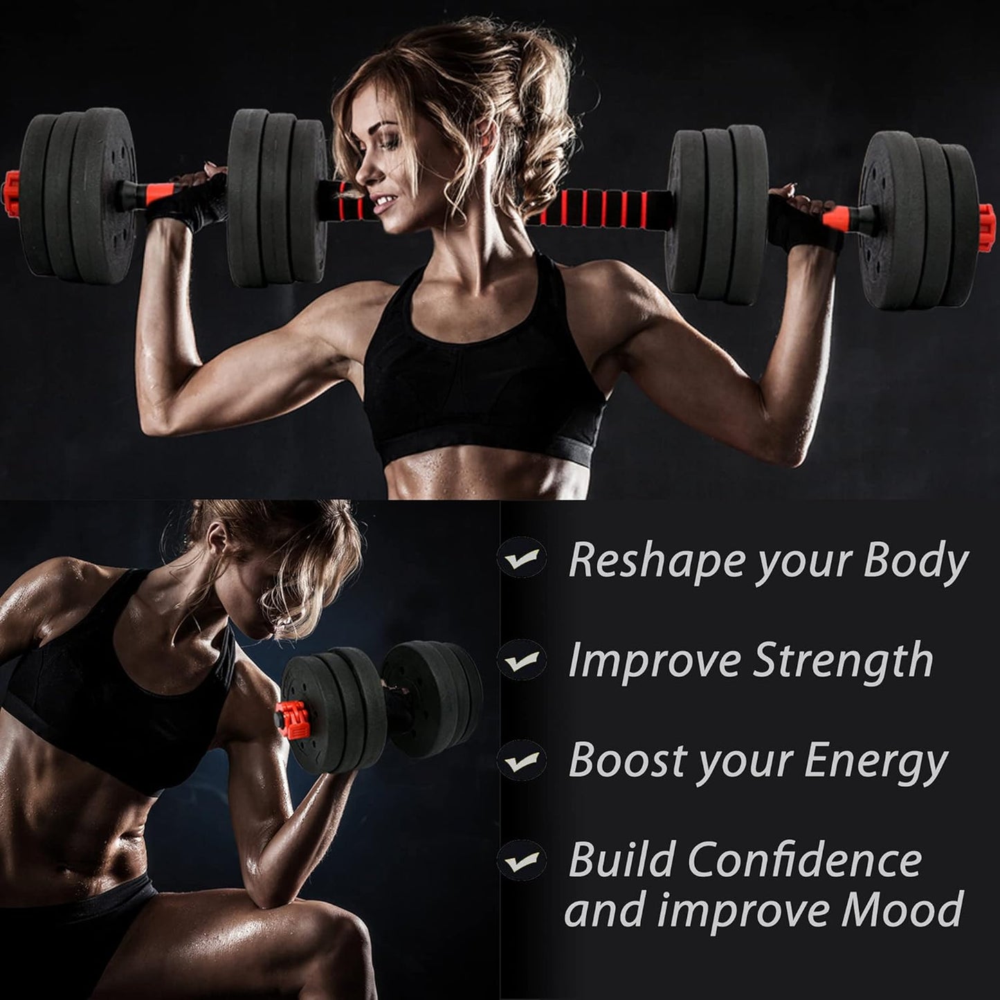 Adjustable Dumbbell Set with Barbell Connecting Rod - Available in 33 lbs, 44 lbs, and 66 lbs for Home Gym Use