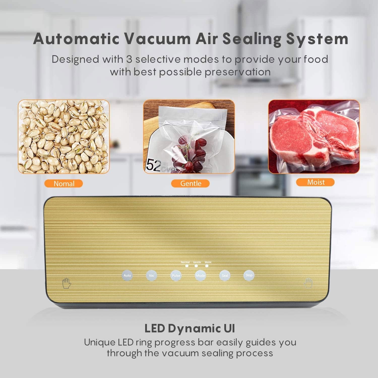 Vacuum Sealer Machine Dry Moist Food Modes Vacumed Storage Food Saver Food Sealer Vacuum Sealer Makes Food Safe Gold